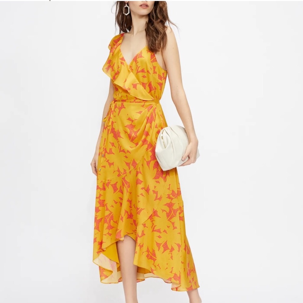 Ted Baker London Saraaa Ruffle Wrap Midi Dress Marigold Yellow Pink US Sz 12 NWT